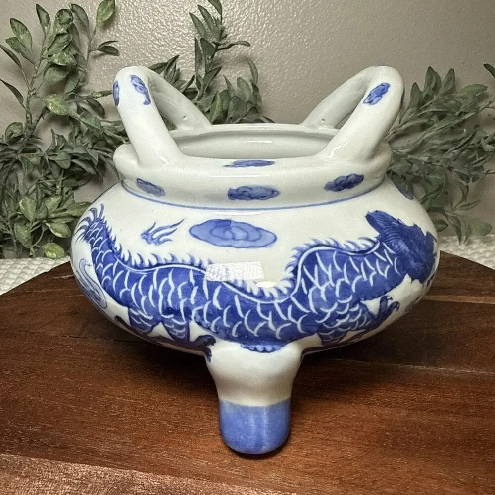 Chinese Blue White Dragon Tripod Censer Cachepot Planter Ceramic 6” Vintage